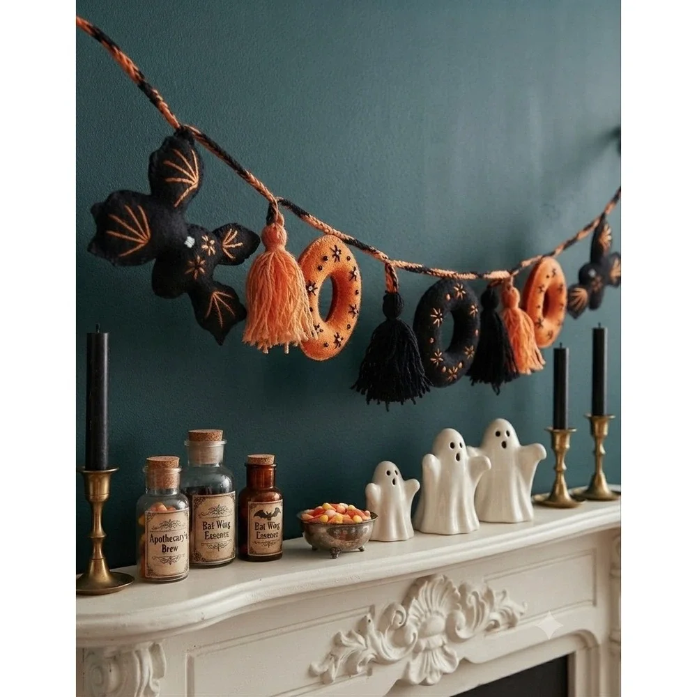 Melange Collection Handmade Wool Halloween Boo Bat Garland Orange Black Peru